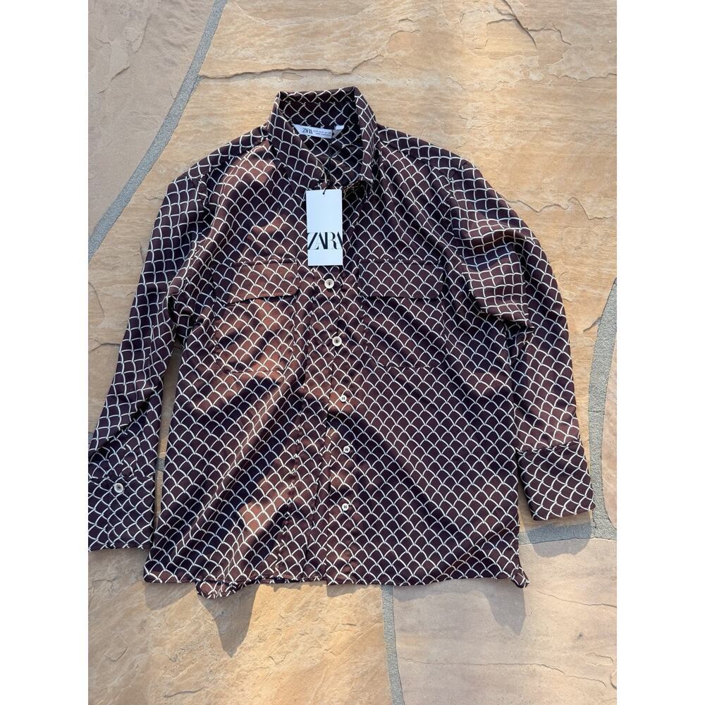 ZARA Printed Geometric Pocket SHIRT M NWT Brown RG